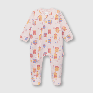 Pijama de bebé niña enterito de algodón casitas rosado