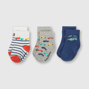 Medias deportivas de bebe niño 3 pack autitos azul