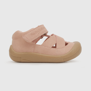 Sandalia de niña metalizada con velcro rosado